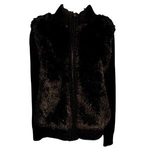Peyton Jensen black Faux Fur Front Knit Zip Up Cardigan Sweater Jacket Women's M